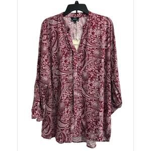 Perch by Blu-pepper Burgundy Red Floral Paisley Tunic Top Plus Size 3XL NWT
